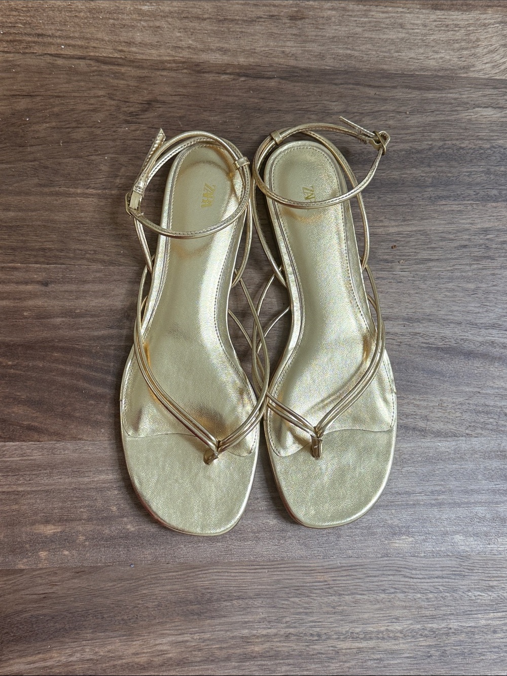 Zara Metallic Gold Strappy Toe-Post Sandals - Picture 6 of 10